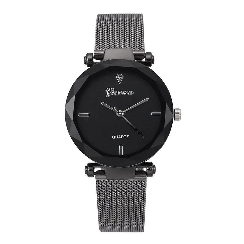 

Female Quarterly Modern Black Female Quartz Watch Clock Triple Eye Stainless Steel Mesh High Quality Female Informal Watch