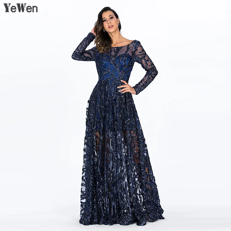 Royal Blue O-Neck Lace Dubai Evening Dresses Long Sleeves Sequin Luxury Party Prom Gown Floor-Length robe de soiree YW100156