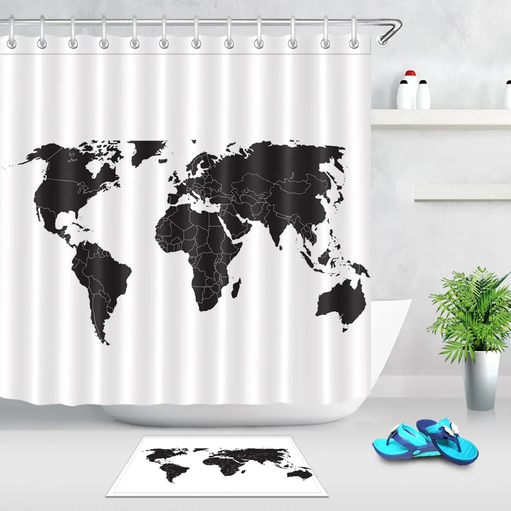 Retro Ethnic Black Dragon Bath Waterproof Fabric Shower Curtain Hooks Mat Set 