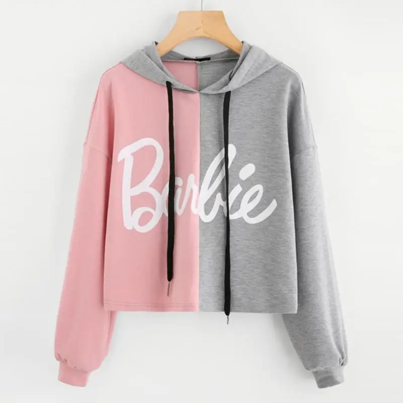 

Two Tone Print Drop Shoulder Hoodie Color Block Drawstring Letter Woman Top Multicolor Long Sleeve Active Sweatshirt