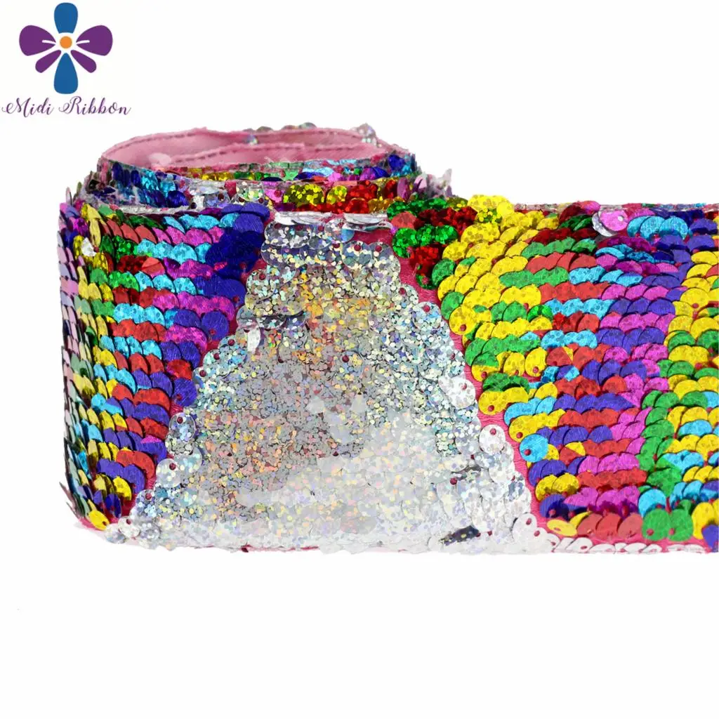

3"75mm Double Color Reversible Sequin Ribbon Rainbow Hologram Silver 25yards/roll DIY Dress Decor Hair Bowknots Making