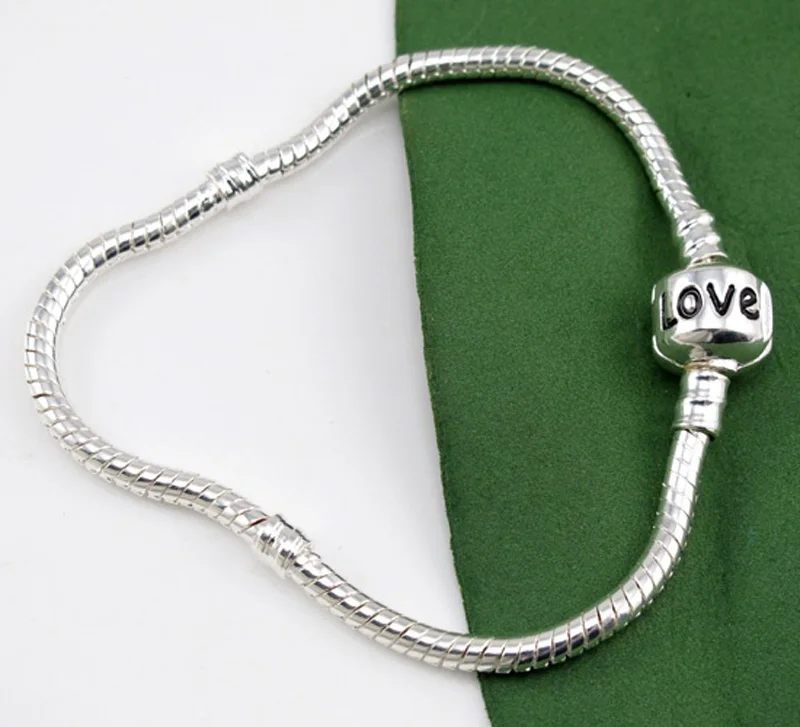 10pcs/lot Silver Snake Chain Charm Bracelet with Black Enamel LOVE
