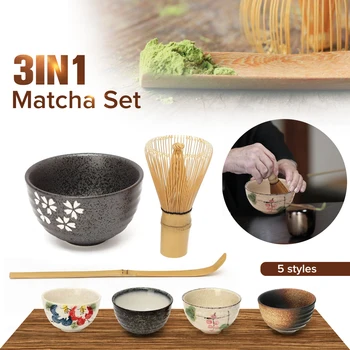 

3in1 Tea Ceremony Matcha Ceramic Tea Bowl Bamboo Tea Scoop Matcha Whisk Japanese Teaware Tea Tool 5 Style Matcha Bowl Set