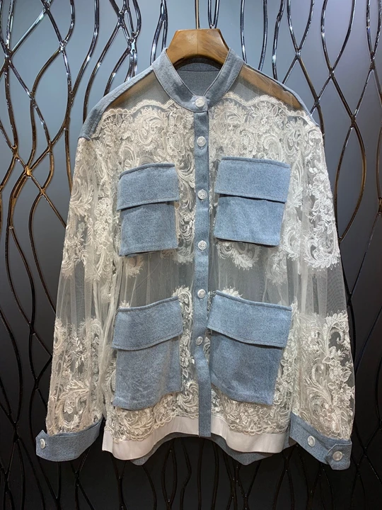 

Early Autumn 2019 New Woman Colour Bag Lace Embroidery Perspective Long Sleeve Loose Bottom Top 712
