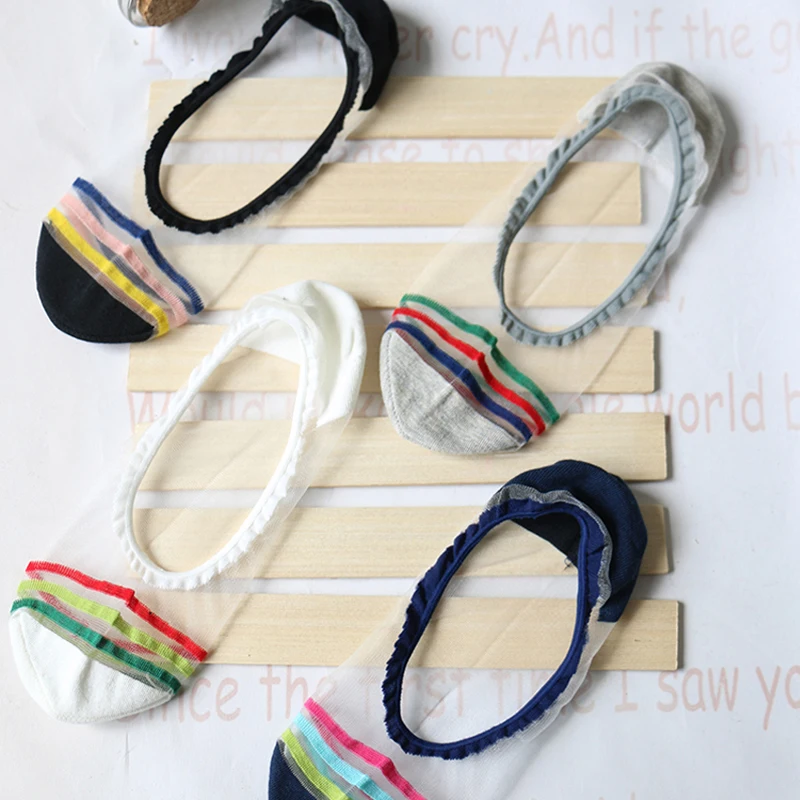 

Sales 2 Pairs/Lot Summer Thin Striped Nylon Invisible Cool Socks Slippers Women Rainbow Color Transparent Boat Socks Mujer sock
