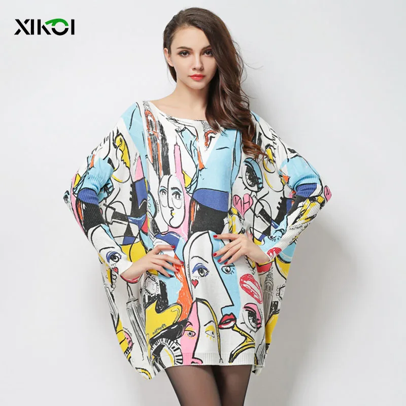 XIKOI Pullover Women Sweaters Printing Slash Long Loose Jacket Clothes Computer Knitted Casual Smiley Spring Autumn Trend | Женская