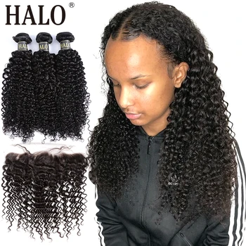 

Halo hair Brazilian Kinky Curly 3/4 Bundles Pre Preplucked With Lace Frontal Closure 13X4 Free Part 100% Human Virgin Hair