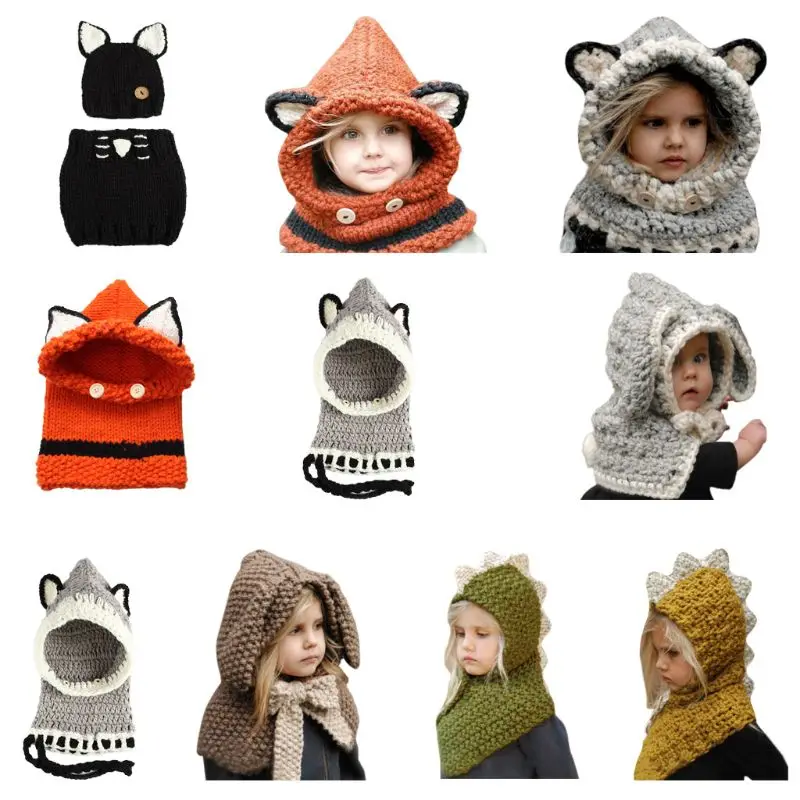 

Kids Winter Crochet Knitted Hat Wrap Cartoon Animal Earflap Hood Scarf Skull Cap