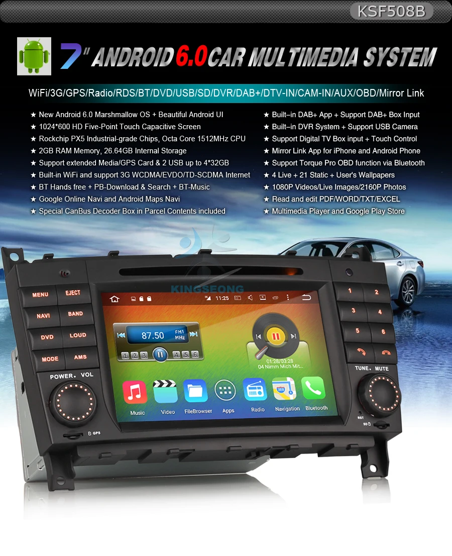 Clearance 7"Android 6.0 Car Stereo GPS Sat Nav DAB+ Car Multimedia Player for Mercedes Benz C CLC CLK Class W203 W209 0