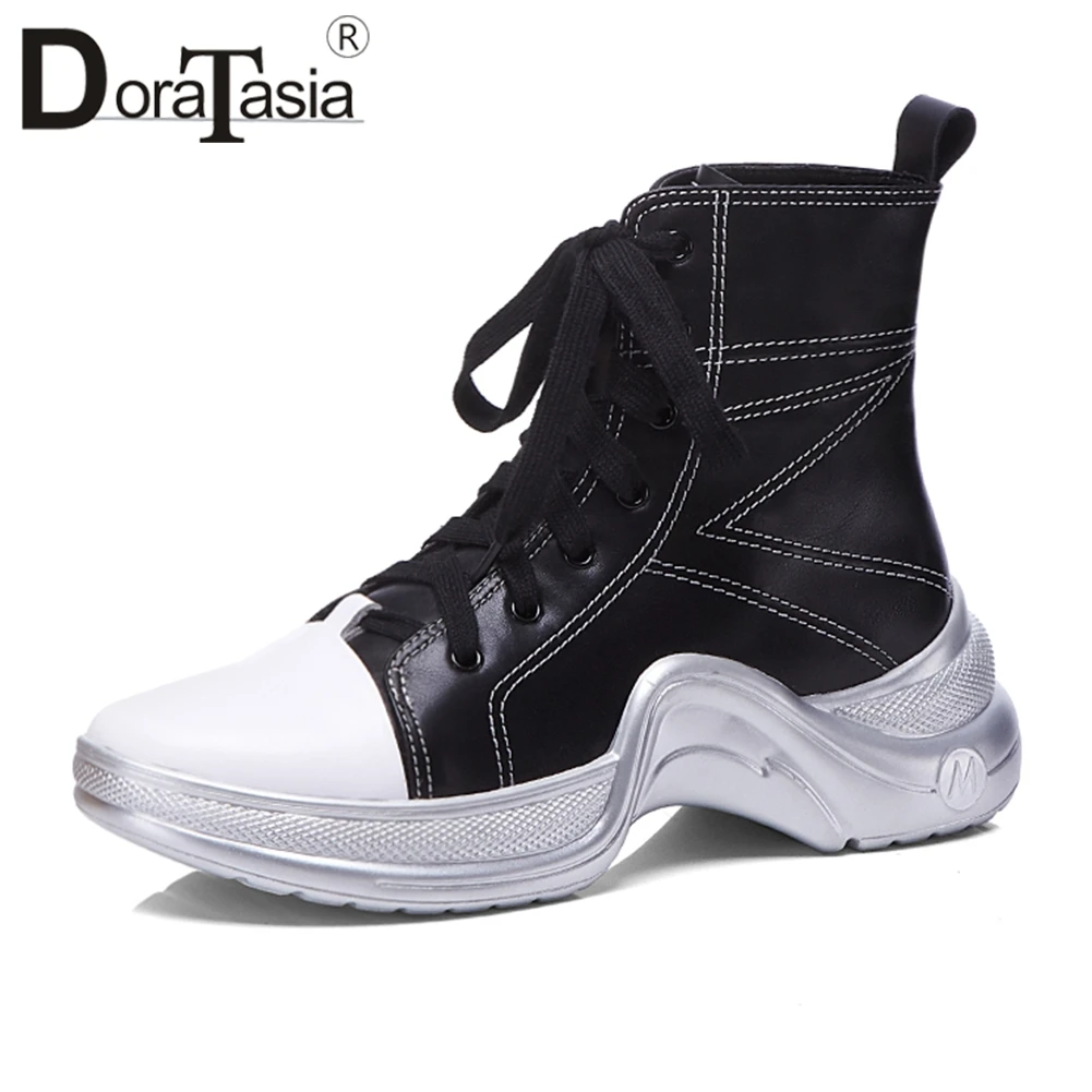 

DORATASIA 2019 Autumn Winter Brand Design Sewing Ankle Boots Women Genuine Leather Platform Wedges Shoes Woman Casual Flat Shoes