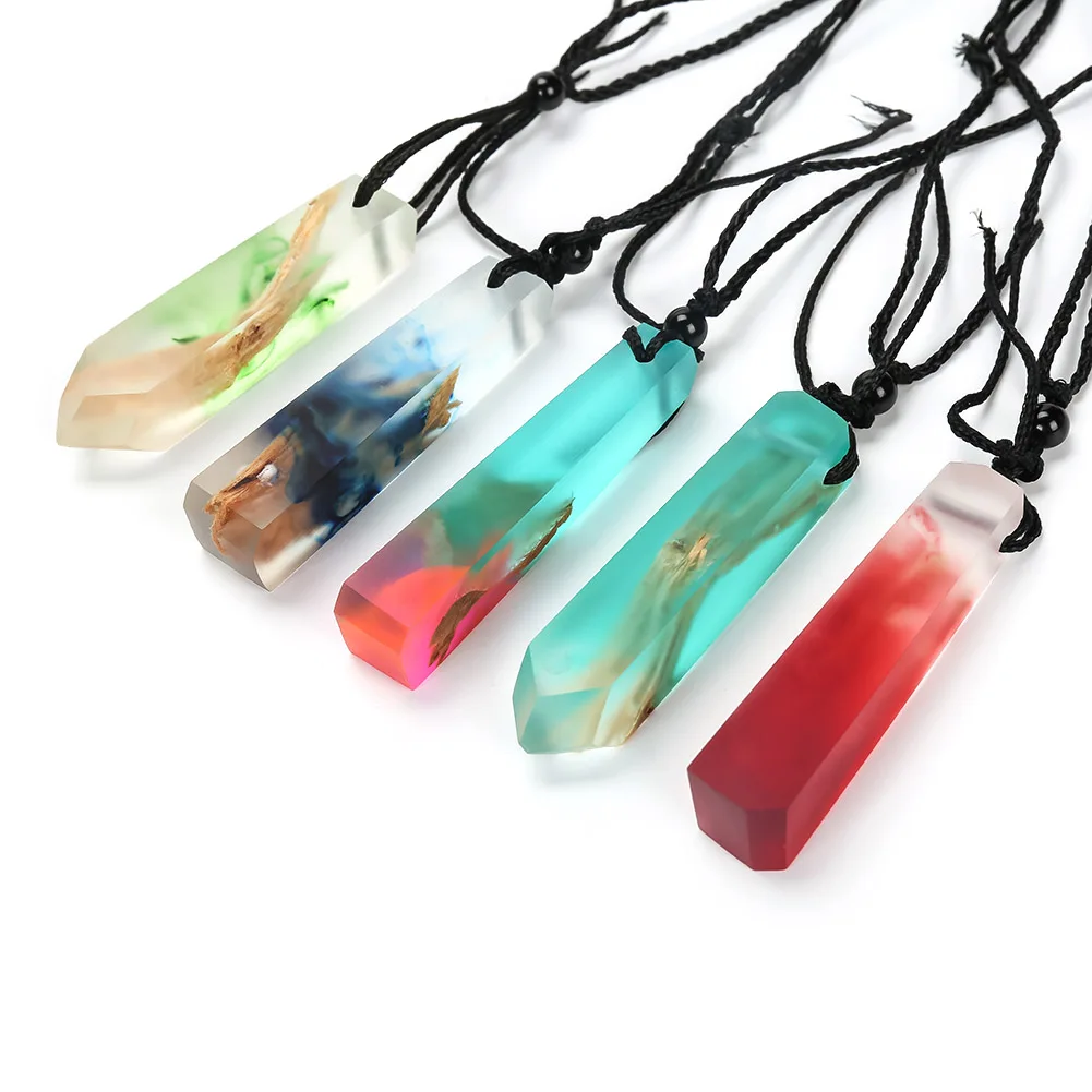 

Handmade Ink Painting Resin Wood Pendant Necklace Women Men Long Rope Sweater Chain Necklace Jewelry