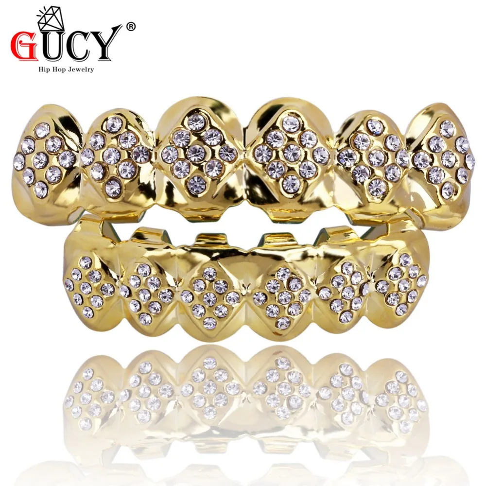 

GUCY Hip Hop Teeth Grillz Caps New Custom Fit Iced Out Crystals Top & Bottom Gold Teeth Grills Set Halloween Christmas Gift
