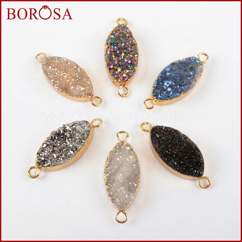 

BOROSA Sparkling Gold Color Marquise Titanium AB Druzy Crystal Drusy Connector Double Charms for DIY Jewelry Making G1375