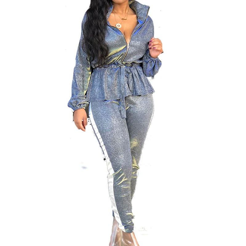 

Womens Jogger Set Long Sleeve Tunic Jacket Coats and Long Pants Sets Casual Silver Matching Set Autumn Winter Two Pieces Outfits