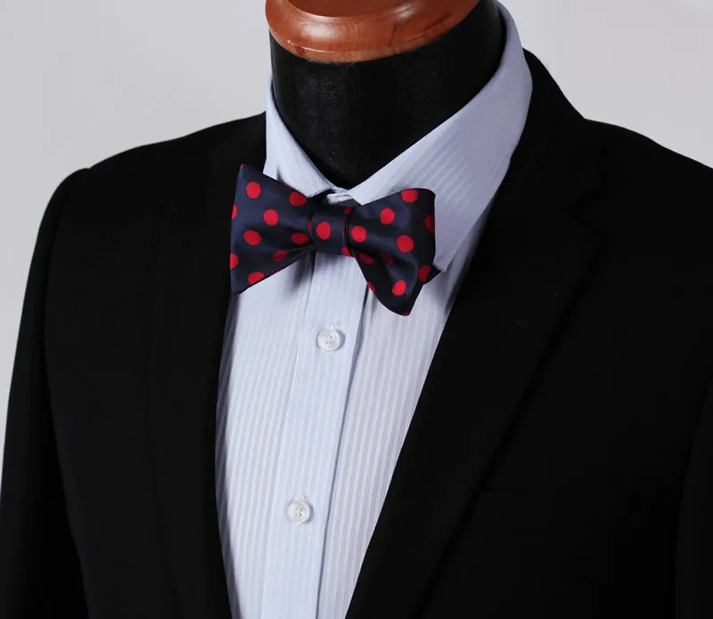 BD3001F Navy Blue Red Dot 100%Silk Jacquard Woven Men Butterfly Self Bow Tie BowTie Pocket Square H
