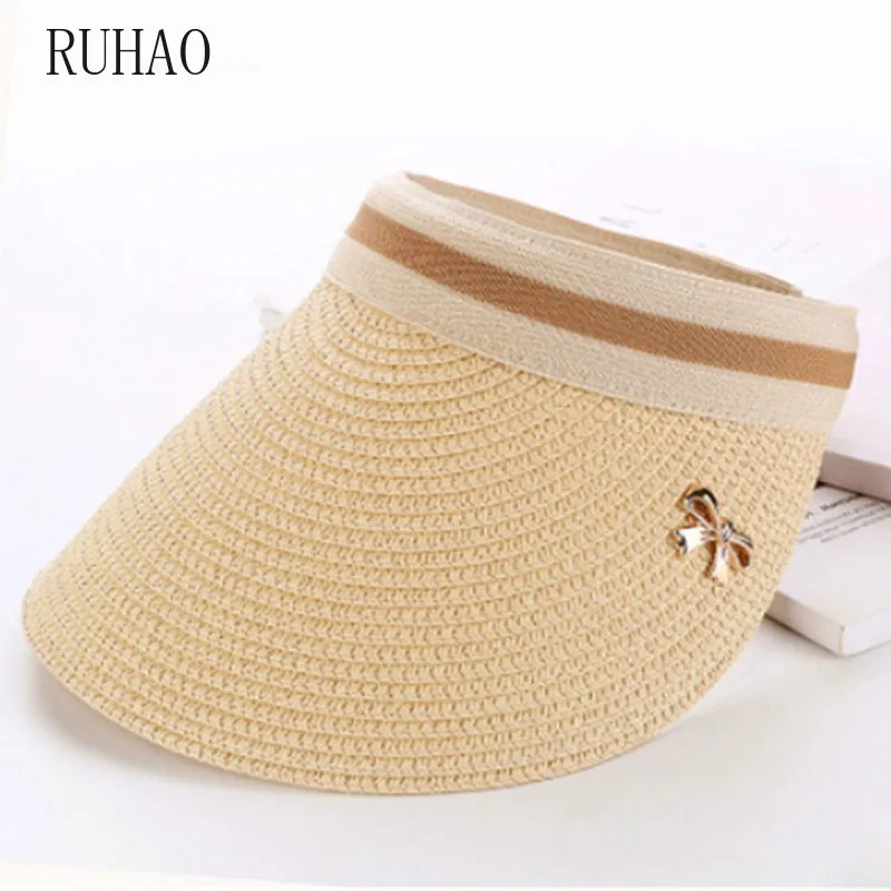 

RUHAO summer hats for beach women Bow Empty Hat Straw sun shade wide brim hat Female Korean Summer Vacation Sun Hat