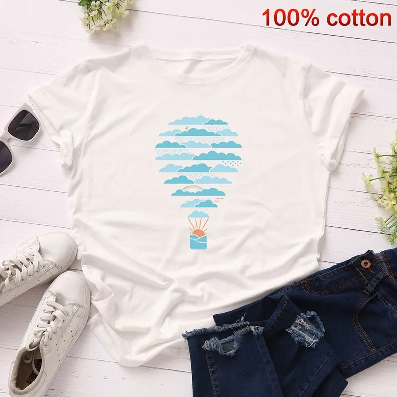

GUMPRUN Women Clothes 2019 Cartoon Graphic O Neck Tees Summer Slim Fit Print 100% Cotton Tops T Shirt Ladies Casual Tshirt