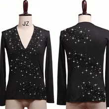 Блестящий топ для латинских танцев со стразами, Черная Мужская танцевальная рубашка с v-образным вырезом, бальная одежда для латинских танцев, профессиональная одежда для соревнований