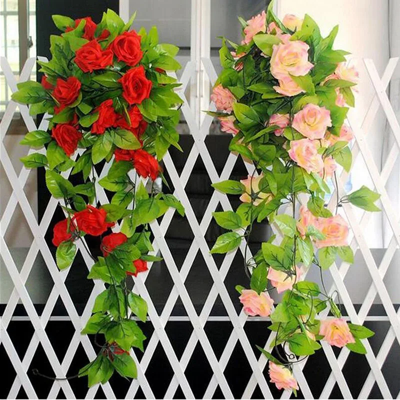 Simulation Roses Flower Vine 9 heads 2.4M Wall Hanging Artificial Flower Vine Wedding Home