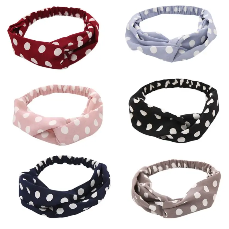 

Women Literary Girl High Elastic Hairband Solid Color Vintage Polka Dot Wave Point Printed Cross Knotted Makeup Headband