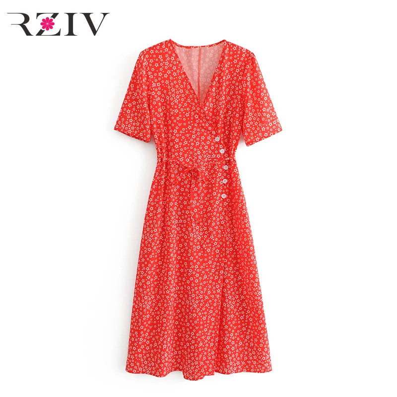

RZIV Women solid color flower print dress casual V-neck dress decorative buttons
