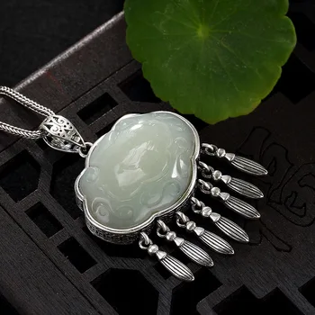 

Real Silver 925 Tassel Pendant Stone Natural White Jade Engraved Lotus Flower Amulet Pendants For Girls Women Gift