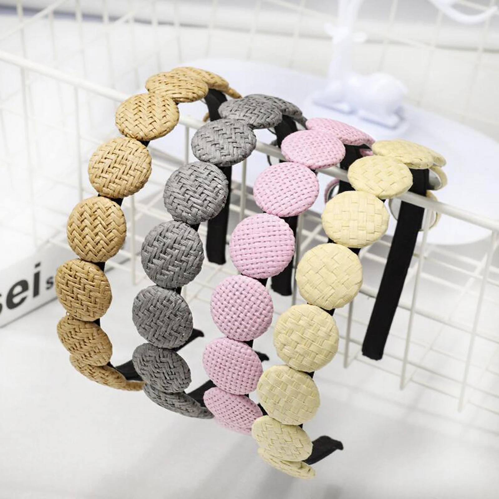 

New Fashion Hairband Novelty Round Straw Buckle Paste Headband Summer Autumn Individuality Headwear Girls Hair Accessories