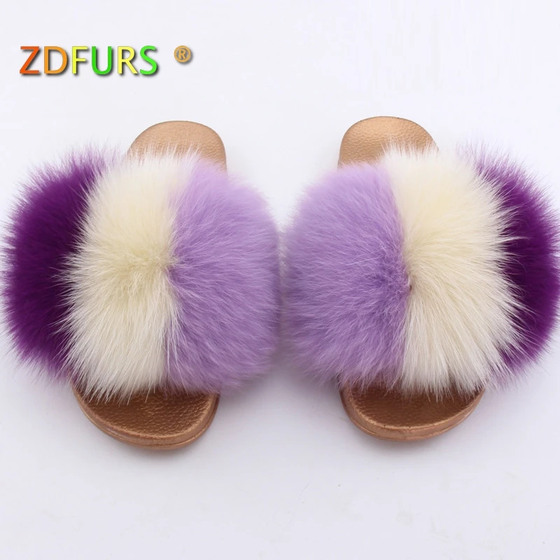 

ZDFURS* Women Fur Slippers Luxury Real Fox Fur Beach Sandal Shoes Fluffy Comfy Furry Flip Flops