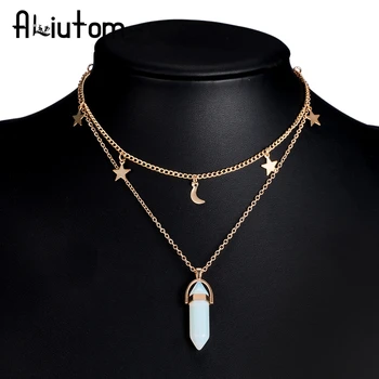ALIUTOM 8 Colors Big Stone Moon & Star Pendant Tattoo Choker Necklace for Women Geometric Bohemian Necklaces Chain Boho Jewelry