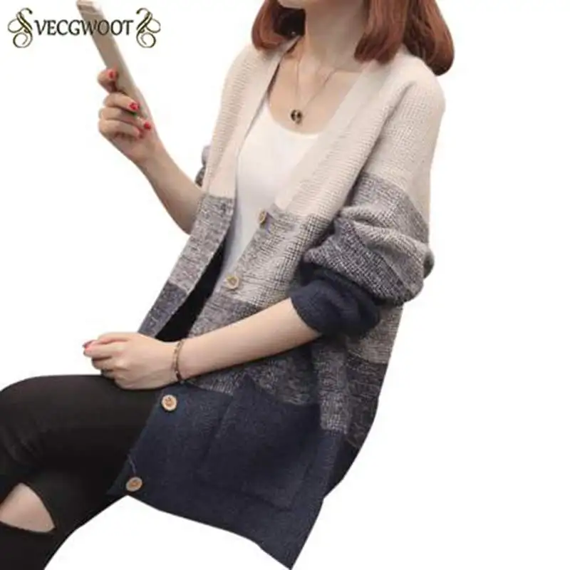 2020 Spring New Women Sweater Fashion Slim Knit Cardigan Patchwork Females Jacket Casual Loose Wild Coat UX65 |
