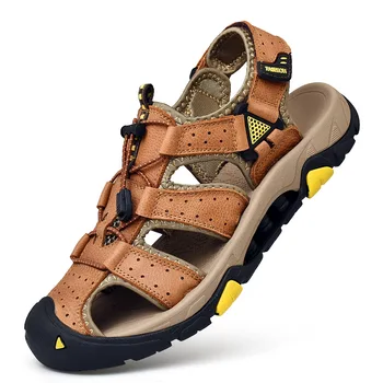 

Classic Men Outdoor Mountaineering Sandals Leather Breathable Sports Anti-Slip Baotou Anti-Collision Head Soft Beach Shoes