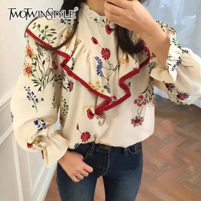 Achat TWOTWINSTYLE Imprimer Chemise Femme Volants Patchwork Col Debout Manches Lanterne Chemisier Top Printemps Femmes Mode Vêtements Coréens