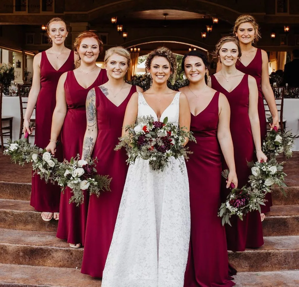 Dark Red Chiffon Mermaid Long Bridesmaid Dresses 2019 Cheap Ruched Wedding Guest Party Maid Of Honor Dresses BM0654  72