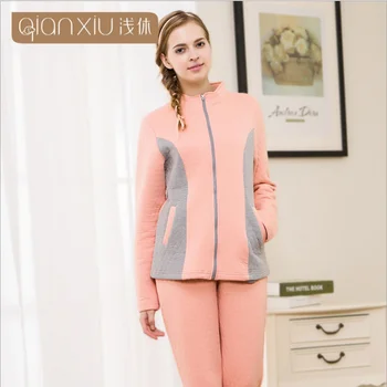 

2020 Spring Homewear Couples Casual Pajama sets Female Cotton Velvet Sleepwear suit Women Stand-up collar Patchwork Coat & Pants