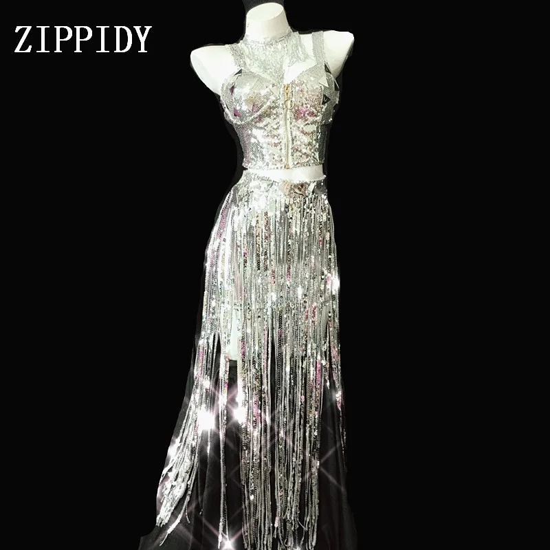 

Sparkly Silver Sequins Bra Fringes Short Dance Outfit Set Women Singer Dancer Wear Shining Stage Costume Birthday Party