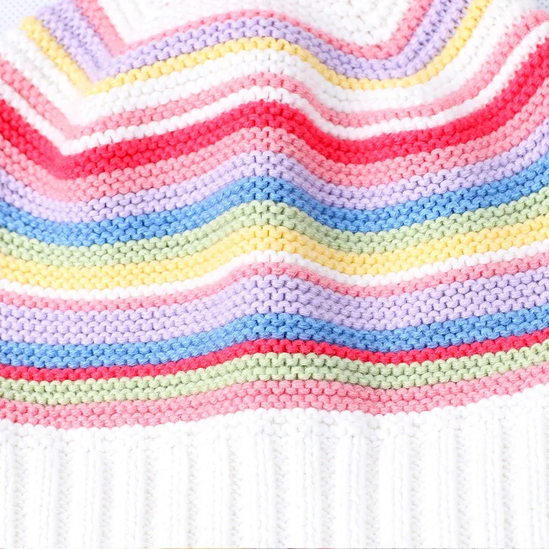 Rainbow Stripe Baby Beanies Warm Hat Winter Thick Crochet Cotton Infant Girls Caps High Quality Comfortable with Pompom 2019 New (1)