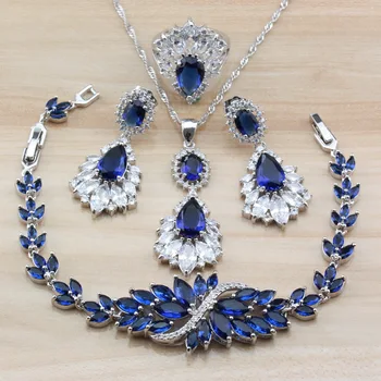 

Blue Big Jewelry Sets Exclusive Austria Crystal With Natural Stones For Women Costume Independent Jewelry Box