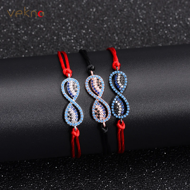 

VEKNO Women Pave CZ Infinity 8 Charm Bracelet Children Lovers Lucky Red Thread String Bracelets Couple Jewelry Rope Braided Gift