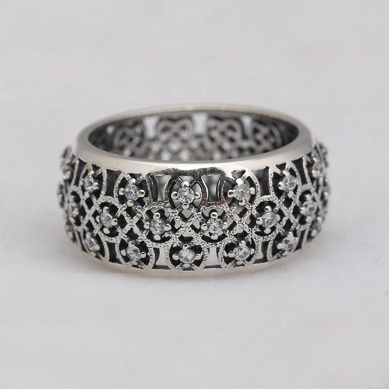

Genuine 925 Sterling Silver Shining Openwork Vintage Heart Petals Clear CZ Ring Compatible with European Jewelry