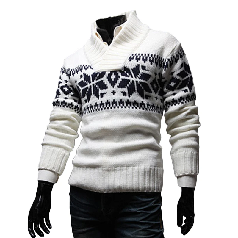 Men Snowflake Christmas Sweater Winter knitted Sweater V Neck Casual