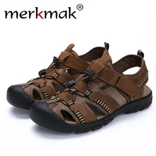 Merkmak/Летние повседневные пляжные мужские сандалии; Мужская обувь из натуральной кожи; мужские сандалии на плоской подошве без застежки; большие размеры 38-47