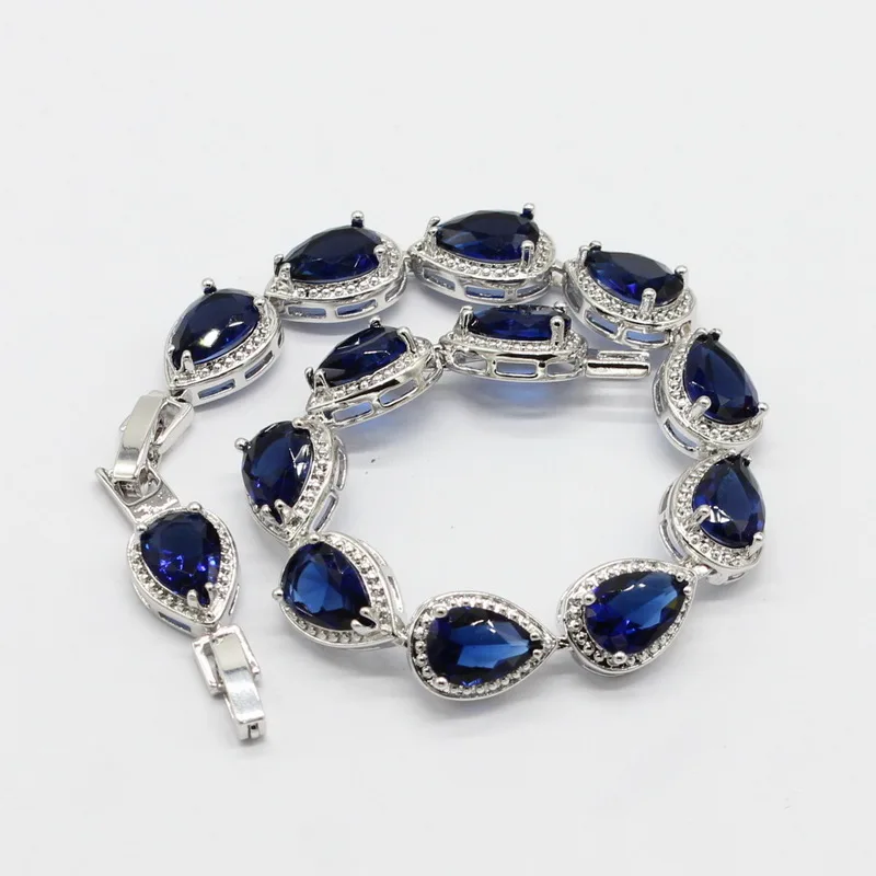 925 серебряный цвет Ювелирные наборы для женщин капли воды синие камни Белый CZ браслет серьги ожерелье кулон кольца