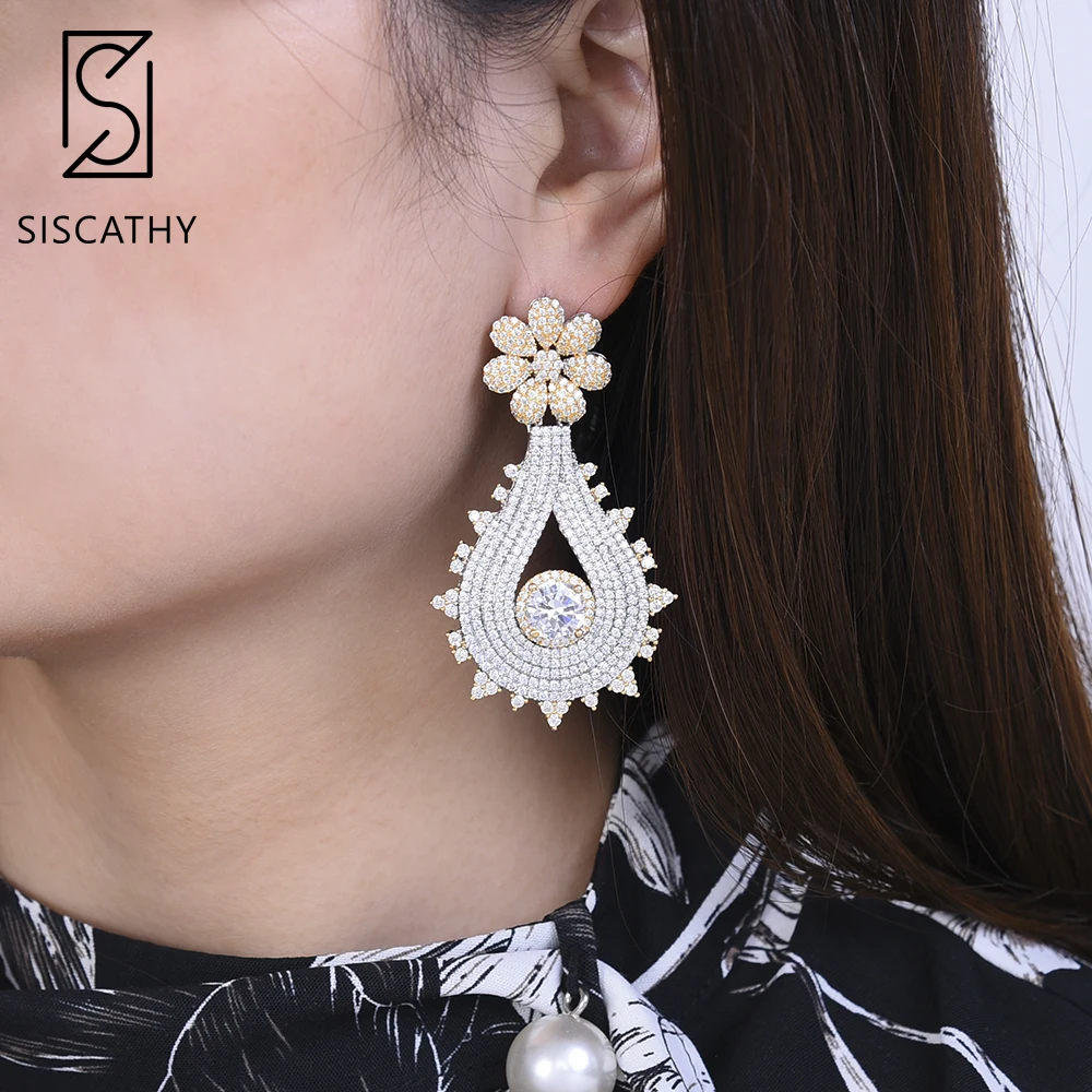 Siscathy 38*67mm Luxury Waterdrop Earring Flower Pierced Pendant Cubic Zirconia Inlaid Nigerian Wedding Big Dangle Drop Earrings | Украшения