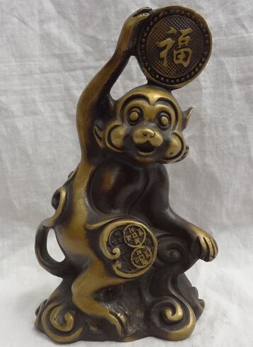

0 8" Chinese Zodiac Bronze Happy Fu Coin Wealth Monkey Statue Animal Sculpture