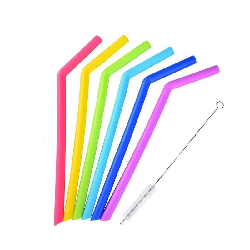 Многоразовые соломинки для питья, 6 шт., многоцветные, с 1 чистящей щеткой, набор, домашние, вечерние, силиконовые соломинки, барные принадлежности, гаджеты
