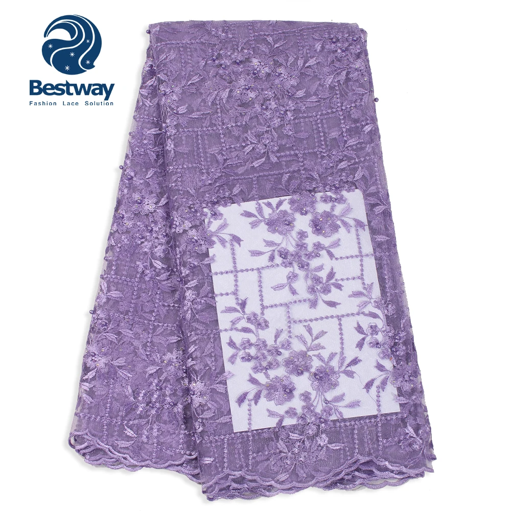 

Bestway 3D Beads Embrodery Flower Lilac Tulle Net Material French Lace Fabric Latest Fabric For Women's Dress Lace Cloth Fabric