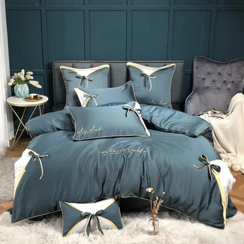 

High Quality Tencel Bedding Set bowknot Bed Set Queen King size Bed Sheet Luxury Applique Embroidery Duvet Cover Set Bed Linen