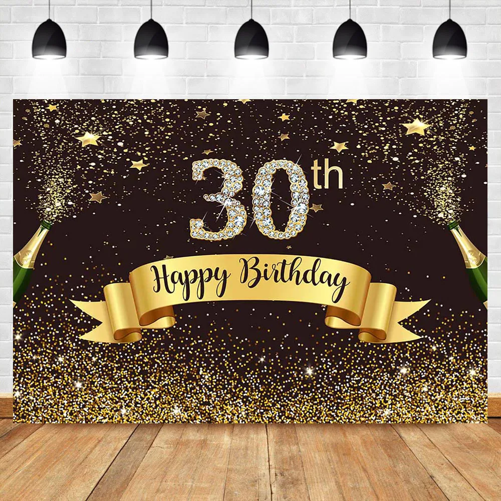 

Neoback Happy 30th Birthday Photography Backdrop Gold Glitter Bokeh Shiny Background Diamond Beer Celebrate Banner Backdrops