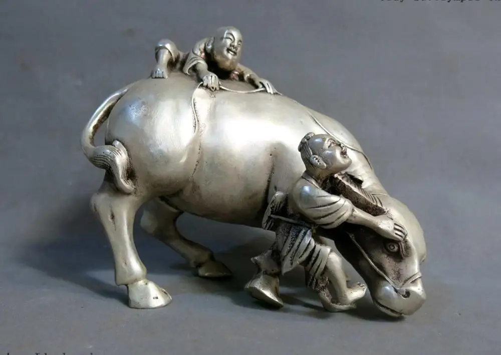 

China silver carved fine two shepherd boy and cattle ox Sculpture Statue