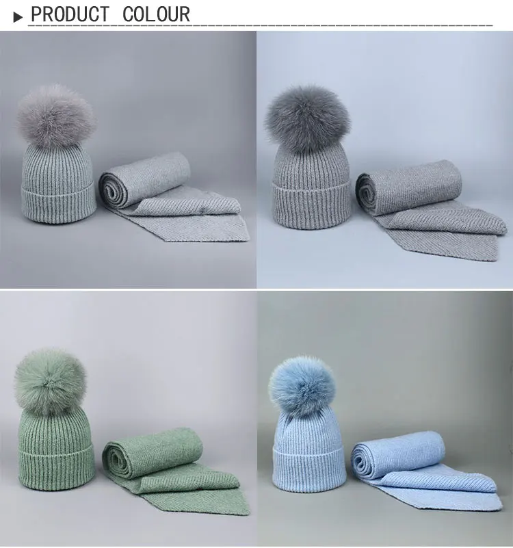 Для девочек Pom Beanie теплая вязаная Bobble меховым помпоном шапка и шарф комплект натуральным лисьим мехом помпоном зимняя шапка skullies